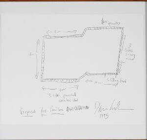Dan Graham Proposal for Pavilion. Sign. Dan Graham 1995. Kuglepen på papir. Bladstørrelse 21,5 x 28.
