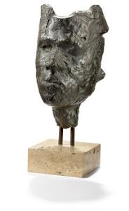 Kurt Trampedach Maske. Monteret på sokkel af travertin. Bronze. H. 35, inkl. sokkel.