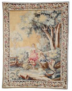Flamsk Gobelin med motiv i form af fiskende par. Udført i uld og silke. 19. årh. 242 x 182.