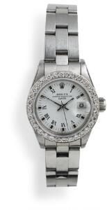 Rolex Diamant damearmbåndsur af af stål. Model Oyster Perpetual Date, ref. 69174. Chronometer certificeret automatisk værk med dato. 1987.