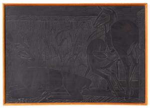 Axel Salto To sortmalede træsnitsrelieffer med motiver i form af dådyr, træer samt rødder. Indrammede. Ej signerede. 54 x 78. 2
