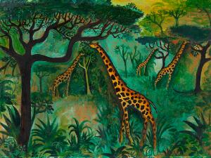 Hans Scherfig Grønt savannebillede med giraffer. Sign. utydeligt Scherfig. Tempera på masonit. 60 x 80.