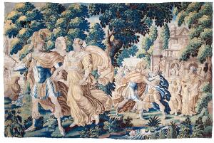 Flamsk mytologisk gobelin forestillende bortførelsen af Helen af Troy. Udført i uld og silke. 1718. årh. 364 x 237.