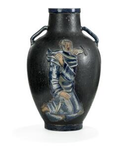 Jais Nielsen Vase af stentøj modelleret med bibelske motiver i relief, dekoreret med sort, blå og brun glasur. Sign. Jais, 6-2-29. Kgl. P. H. 44.