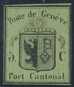 1845. Genf. Kantonal Post. 5 c. black on greenish paper. Kleine Adler. Very fine unused, no gum. Zumstein 5. Michel EURO 2600. Certificate Marchand.