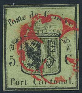 1845. Genf. Kantonal Post. 5 c. black on greenish paper. Kleine Adler. Very fine used. Zumstein 5. Michel EURO 1600. Certificate Marchand.