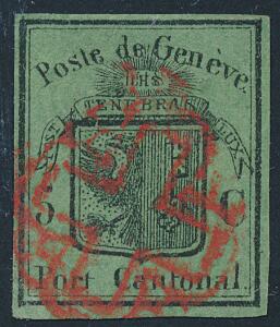 1848. Genf. Kantonal Post. 5 c. black on greenish paper. Grosser Adler. Very fine used. Zumstein 7. Michel EURO 2800. Certificate Marchand.