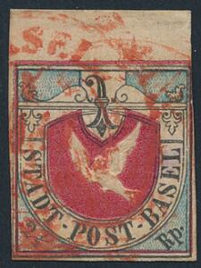 1845. Basal. Kantonal Post. 2 12 Rp. Bassler-Dove, redblueblack. Very fine used with part of margin at top. Michel EURO 13000. Certificate Marchand.