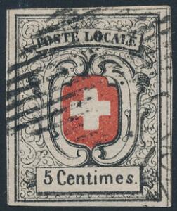 1850. 5 c. Neuenburg, redblack. Very fine used with large margins. Michel EURO 3800. Certificate Marchand.