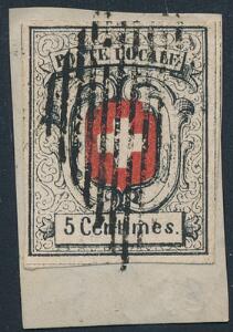 1850. 5 c. Neuenburg, redblack. Very fine used on small piece, large margins all around. Michel EURO 3800. Certificate Marchand.