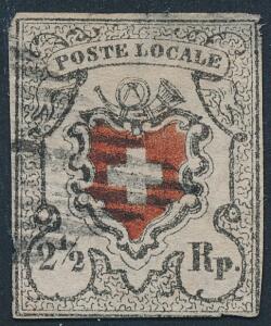 1850. 2 12 Rp. POSTE LOCALE, redblack. Type 3, OHNE KREUZEINFASSUNG. Used stamps with defects. A RARE stamp. Michel EURO 22000. Certificate Marchand.
