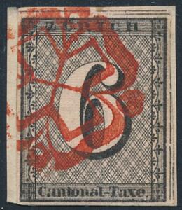 1843. Zürich. Kantonal Post. 6 Rp. black. Type II underprintlines, Type V, 35. Very fine used on small piece. Zumstein 2w. Michel EURO 1500