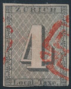 1843. Zürich. Kantonal Post. 4 Rp. black. Type I. Used stamp with 3 fine margins and close at south  small thin. Michel EURO 15000. Certificate Marchand