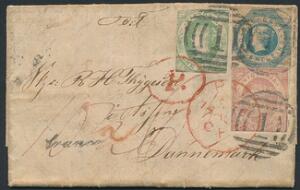 Australia. Victoria. 1858. 1 d. green, 4 d. red and 1 sh. blue. Wonderful 3-colour franking on small cover from Melbourne 10.6.1858 to Assens, Denmark
