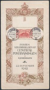 1912. 5 kr. Posthus, brunrød. Vm.III. MENU-KORT. Stemplet KJØBENHAVN 22.9.1912.