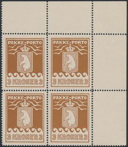 1930. Thiele. 3 kr. brun. Postfrisk øvre MARGINAL 4-BLOK, 2 øvre mærker er begge med variant DOBBELT ØVRE RAMMELINIE. AFA 7200