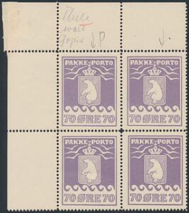 1930. Thiele. 70 øre, violet. Postfrisk øvre MARGINAL 4-BLOK, med perfekt centrering. AFA 21600