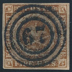 1854. 4 RBS Thiele III, nøddebrun. Et helt perfekt mærke med brede rande og retvendt nr.stempel 67 SORØ. Et sjældent mærke i denne kvalitet. Attest Møller PRA