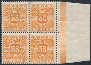 1914. 38 øre, orange. Vm.IV. Sjælden postfrisk 4-BLOK, med højre marginal. Kun ganske få postfriske 4-blokke kendes. AFA 100000. Attest Kaiser.