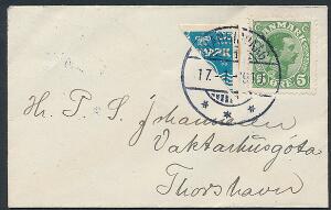 1919. HALVERET 4 øre, Bølgelinie KORSBÅND, blå samt 5 øre, Chr.X, grøn. PRAGT-brev i lille format sendt fra TRANGISVAAG 17.1.1919, til Thorshavn. AFA 12500
