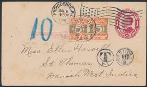 1905. 5 Bit, grårød. Parstykke brugt som strafporto på underfrankeret 1 c. amerikansk helsag, rød, sendt til Dansk Vestindien. Stemplet PROVIDENCE JUNI 8 1915