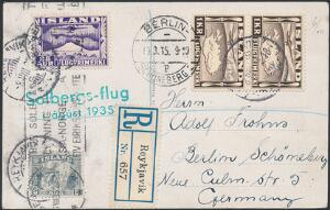 1935. REC-brevkort fra REYKJAVIK 8.VIII.35 til Tyskland. Grønt 2-liniestempel SOLBERGS-FLUG 1 ÁUGÚST 1935. Et af kun 235 breve