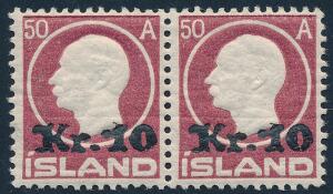 1925. Provisorium, 10 kr50 aur, rødlilla. Flot postfriskt parstykke. Facit 13000
