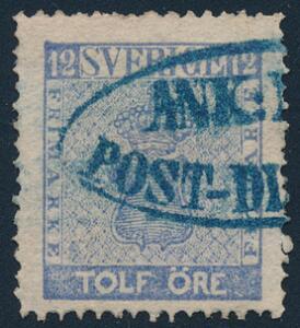 1858. 12 Öre, lys ultramarin. Annulleret med sjældent ovalt blåt stempel POST-DILIGENCE.