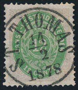 1877. 12 cents, 1.tryk grålillasmaragdgrøn. Perfekt mærke med knivskarpt og velplaceret stempel ST. THOMAS 14.2.1878. Udtalelse Nielsen