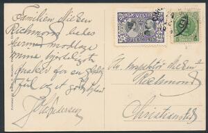 1910. Julemærke. Brugt på postkort med 5 Bit, Fr.IX, grøn, sendt til Danmark. Stemplet JULEAFTEN i CHRISTIANSTED 24.12.1910.