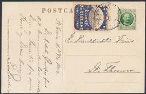1909. Julemærke. Brugt på postkort med 5 Bit, Fr.IX, grøn, sendt til Danmark. Stemplet i FREDERIKSTED 29.12.1909