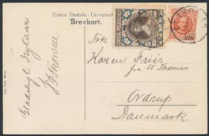 1908. Julemærke. Brugt på postkort med 10 Bit, Fr.IX, rød, sendt til Danmark. Stemplet i ST. THOMAS 10.12.1908.