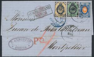 1866. 20 k. orangeblue, 3 k. blackgreen and 1 k. blackyellow. A beautiful 3-coloured franking to Montpellier, FRANCE, from Odessa 24 Nov. 1873.