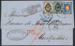 1866. 20 k. orangeblue, 3 k. blackgreen and 1 k. blackyellow. A beautiful 3-coloured franking to Montpellier, FRANCE, from Odessa 24 Nov. 1873.