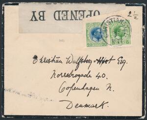 1915. Chr. X. 20 Bit, grønblå og 5 Bit, grøn. Korrekt 25 Bits frankering på CENSURERET SØRGE-brev, sendt til Danmark, stemplet CHRISTIANSTED X.3.1917.