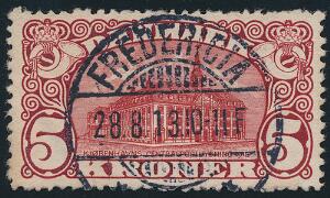 1912. 5 kr. Posthus, brunrød. Vm.III. LUX-stempel FREDERICIA 28.8.13. Attest Nielsen PRAGTEKSEMPLAR