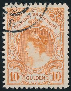 1898. Wilhelmina, 10 Gulden, orange. Fine used copy. Michel EURO 800