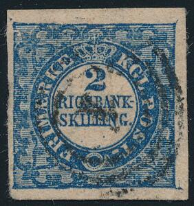 1852. 2 RBS Thiele. Plade II, nr. 46. Type 10. Smukt mærke med pæne rande og fint nr.stempel 1. Attest Nielsen.