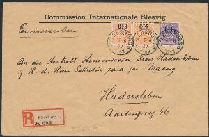 1920. Tjeneste. C.I.S. 25 Pf. orange, par og 40 Pf. violet. ANBEFALET brugsbrev til Hadersleben, annulleret FLENSBURG 2.6.20. På bagsiden violet Commisions