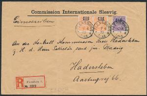 1920. Tjeneste. C.I.S. 25 Pf. orange, par og 40 Pf. violet. ANBEFALET brugsbrev til Hadersleben, annulleret FLENSBURG 2.6.20. På bagsiden violet Commisions