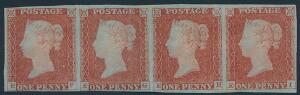 1841. Victoria. 1 d. red-brown. On blued paper. Horizontel STRIP OF FOUR, fine unused with full original gum, hinged. Horizontel crease in the middle are touchi