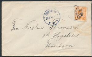 1919. Chr. X, 7 øre, orange. Single på brev fra Sandevaag til Thorshavn. Stjernestempel SANDEVAAG og ankomststempel THORSHAVN 20.2.19