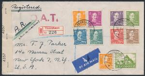 1945. REC-brev fra Thorshavn 17.3.45 til New York. Stemplet O.A.T onward air transmission and manuscript A.R. avis de reception