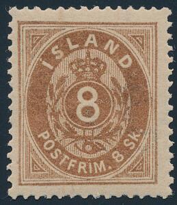 1873. Oval, 8 sk. brun. Perfekt postfriskt eksemplar. Attest Nielsen PRAGTEKSEMPLAR
