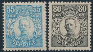 1918. Gustav V, 55 öre, lysblå og 80 öre, sort. VÄRNAMO-mærker. Komplet sæt i perfekt postfrisk kvalitet. Facit 50000. Attest Nielsen