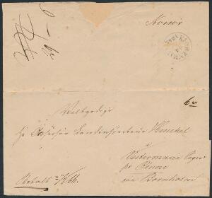 1842. Brev fra Korsør håndskrevet på bagsiden, sendt via Kiøbenhavn 14.9.1842 til Vestermarie paa Bornholm