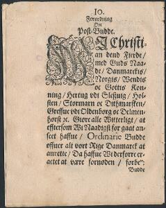 1624. Danmarks Første Postlov. Forordning om PostBudde af 24. Decembris Anno 1624. Meget smuk og velbevaret eksemplar. Attest Nielsen