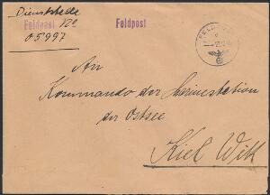 1940. Tysk feltpostbrev fra Bornholm til Kiel 23.12.1940. Violet liniestempel FELTPOST og håndskrevet No. 05997, sendt til Marinestationen i Kiel