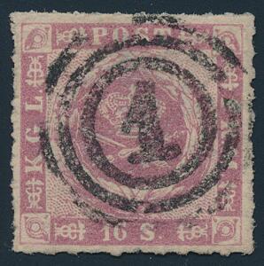 1863. 16 sk. rosalilla. Usædvanlig smukt mærke i frisk rødlig nuance og med retvendt nr.stempel 1. Pragteksemplar