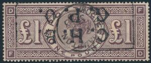 1884. Victoria. 1 £. brown-lilac. W 49 Imperial Crown. Fine used. SG £ 2800